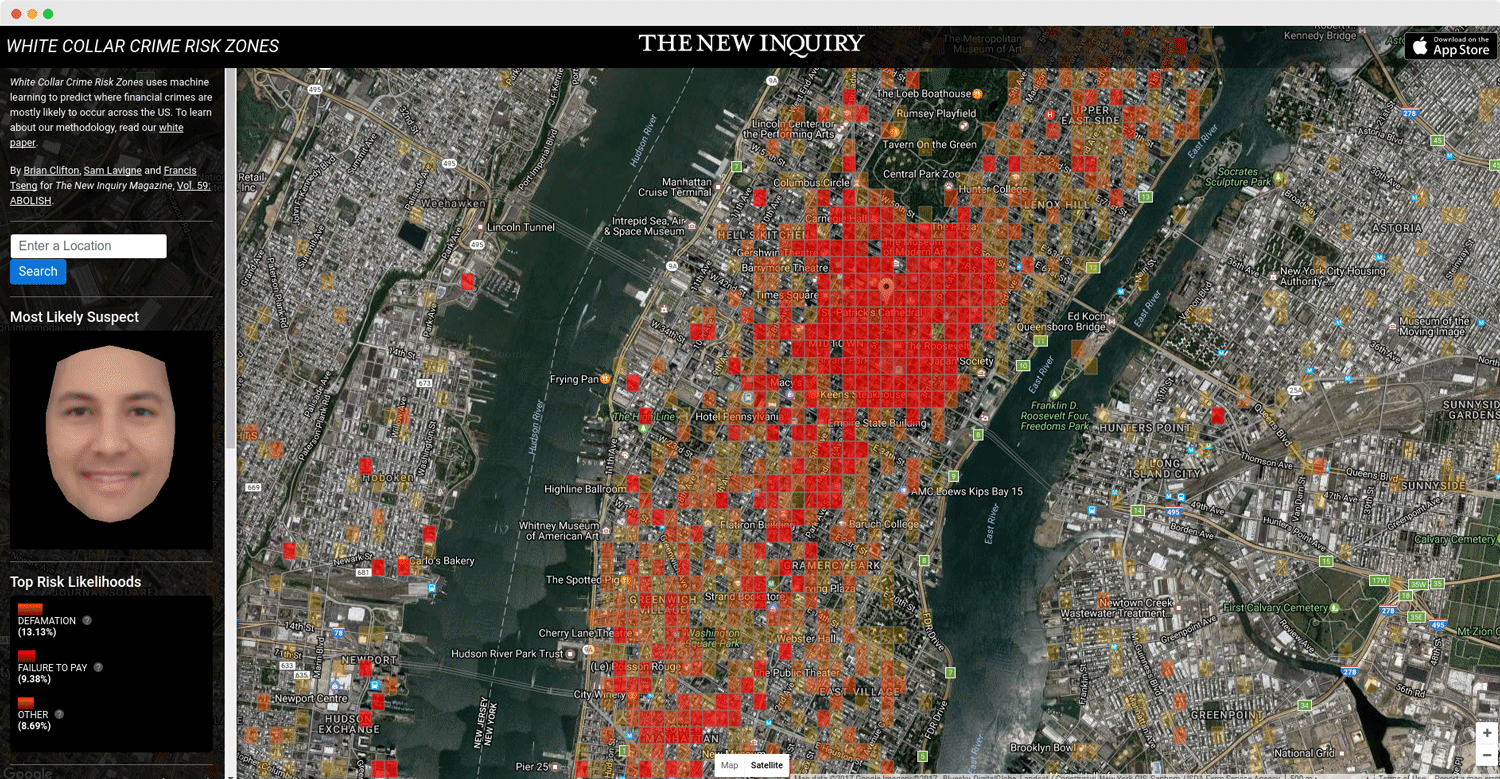 White Collar Crimes Risk Zones webapp view of Manhattan
