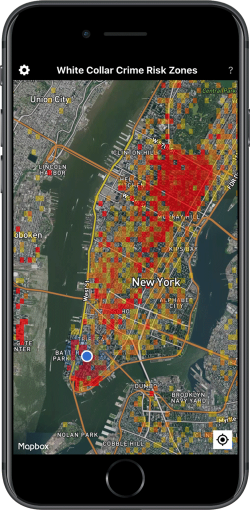 White Collar Crimes Risk Zones iOS app view of Manhattan